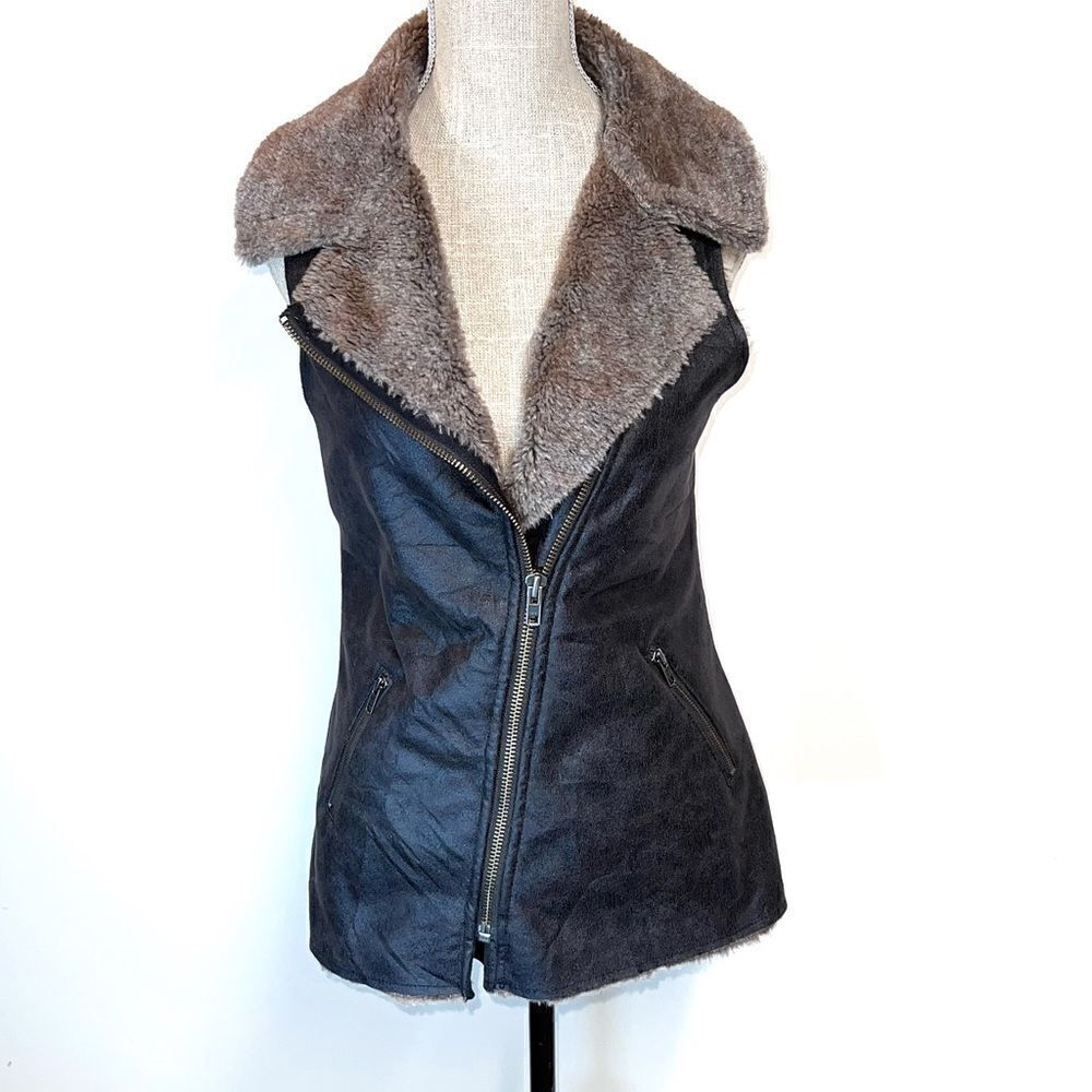 Dylan Faux Suede Faux Fur Asymmetrical Zip Brown Vest Womens Sz XS